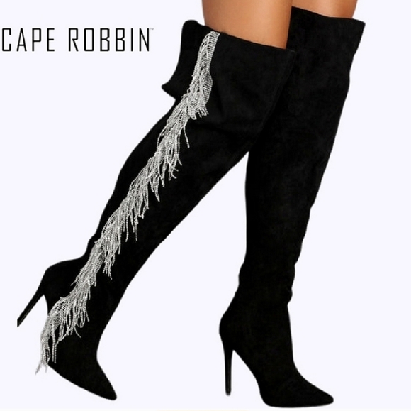 COBIN ROBBINS Blk w/Silver Fringe Rhinestones | Over Knee | Faux Suede Boots NWT - Picture 1 of 9